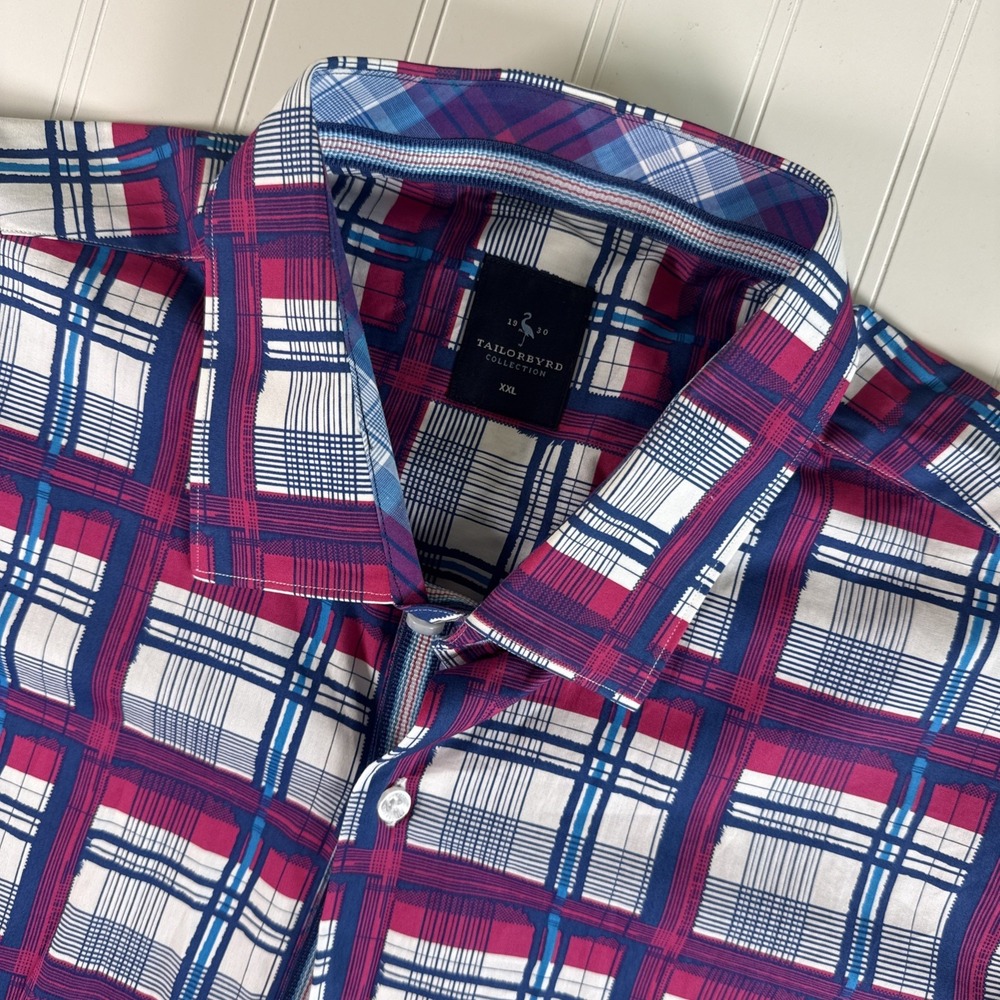 Tailorbyrd Shirt Button Down Long Sleeve Classic Plaid Purples Pinks Blues XXL